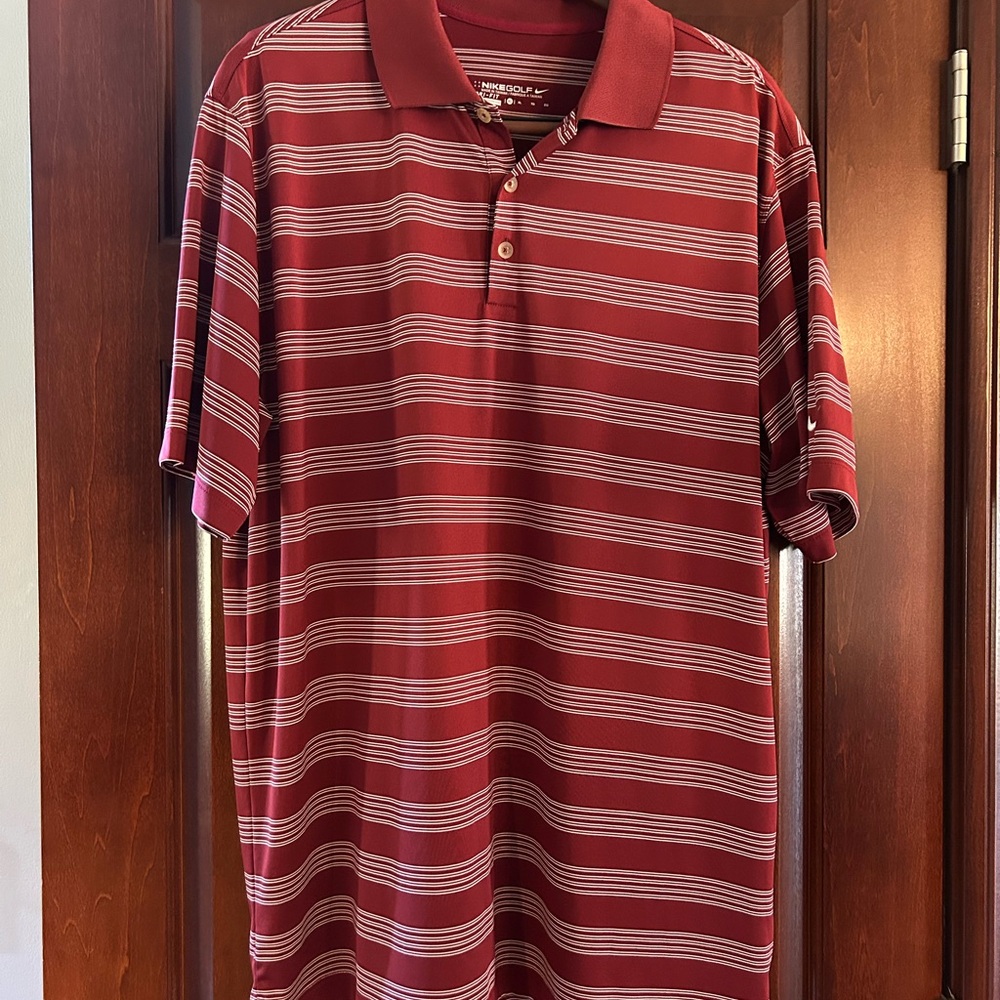 Nike Golf Dri Fit Striped Polo Shirt Mens XL Burgundy Red Performance Golf